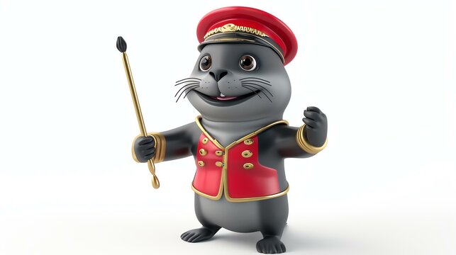 A delightful 3D illustration featuring an adorable seal as a drum major, wearing a vibrant marching band uniform and confidently twirling a baton. This charming image captures the spirit of