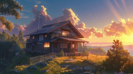 Fototapeta premium In this modern anime, a traditional Japanese house is portrayed from the front against the backdrop of a sunset.