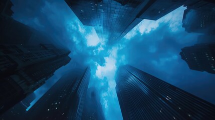 Photo of tall skyscrapers reach the clouds, view from below. AI generated.