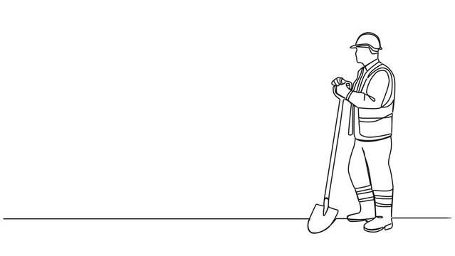 animated continuous single line drawing of roadworker or construction worker holding shovel, line art animation