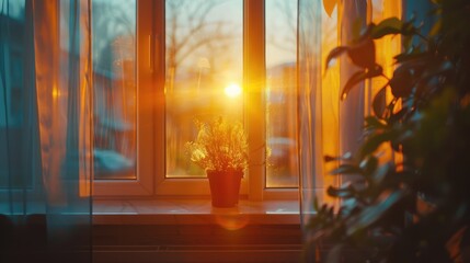 Bright yellow sunlight in the window. AI generated.