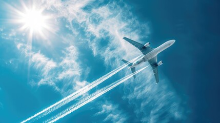 Obraz premium Airplane with contrails in the blue sky. AI generated.