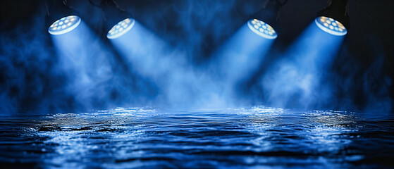 Illuminated path, an empty stage bathed in blue light, setting the scene for an evening of mystery and allure