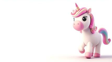 A whimsical 3D illustration of a cute unicorn standing gracefully on a pristine white background, filled with vibrant colors and a touch of magical sparkles. Perfect for adding an enchanting