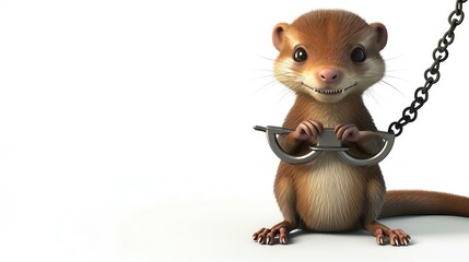 A mischievous 3D weasel, renowned for being an escape artist, cleverly portrays itself on a white background. With handcuffs and a lock pick in paw, this adorable critter is ready to captiva