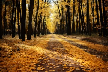 A dirt road meanders through the middle of a lush forest, surrounded by towering trees and dappled sunlight.