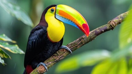 a toucan sitting on a tree branch with a colorful toucan on it's back end.