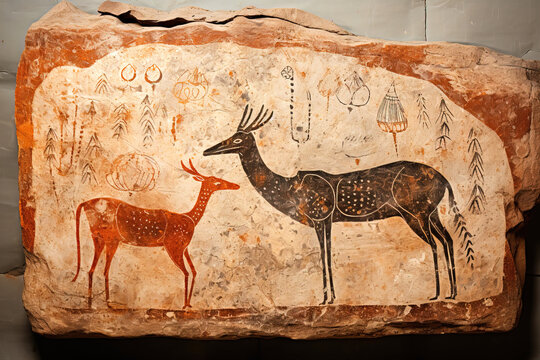 Rock painting. Images of wild ancient animals on a rock. Stone age of art
