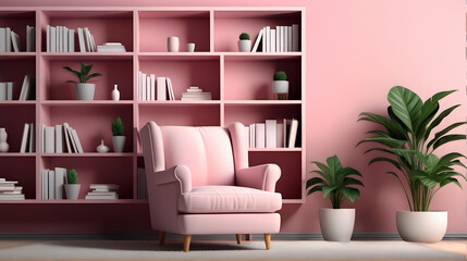 Serene Reading Nook: Calm Pink Modern Library with Relaxing Armchair and Bookshelves