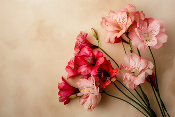 pink and other pink flowers on beige background in th