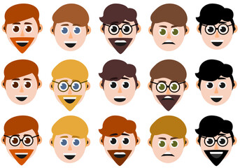 Happy, angry, excited vector male faces with different hair styles.