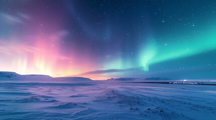 Fototapeta na wymiar Breathtaking Northern Lights illuminate snowy landscape, painting the night sky with mesmerizing colors in a magnificent display.