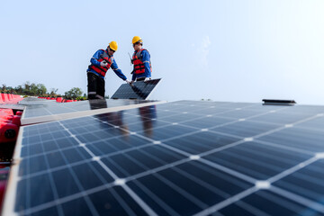 Photovoltaic engineers work on floating photovoltaics. workers Inspect and repair the solar panel...