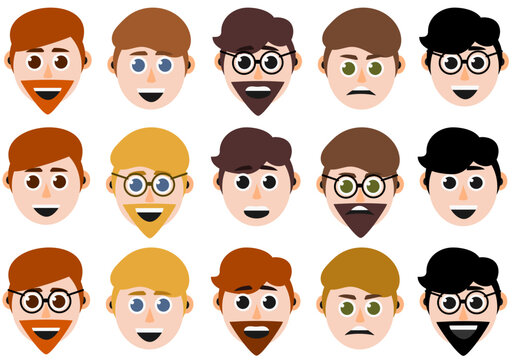 Happy, angry, excited vector male faces with different hair styles.