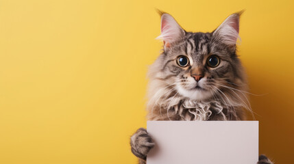 Fluffy tabby cat holds a blank white sign mock-up on yellow background with copy space for text, template for vet clinic, pet store or adoption messages.