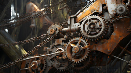 Intricate 3D gears cogs and machinery in a Victorianera steampunk setting,,
Gears and cogs are painted in a watercolor style 
