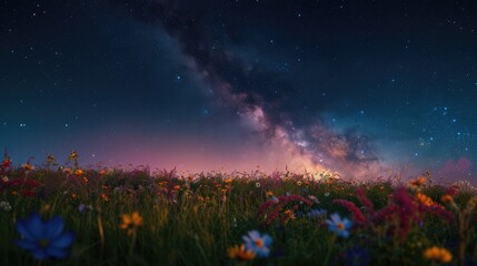 Beautiful Milky Way over wildflower field. AI generated.