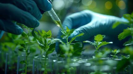 Scientist testing terrestrial plant samples with a pipette in test tubes - obrazy, fototapety, plakaty