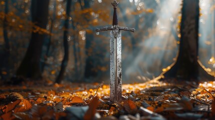 Obraz premium A scenic photo of the sword stuck in the ground. AI generated.