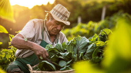 A dedicated farmer brings the abundance of nature to the table, harvesting freshly grown organic vegetables. This image captures the essence of sustainable agriculture and promotes healthy l