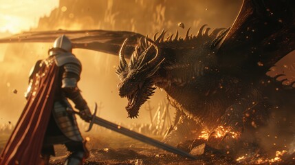 Medieval knight fight with dragon. AI generated.