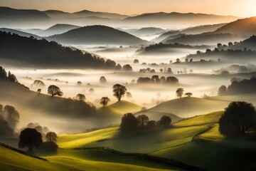 The serene beauty of a misty morning in a tranquil valley surrounded by rolling hills.
