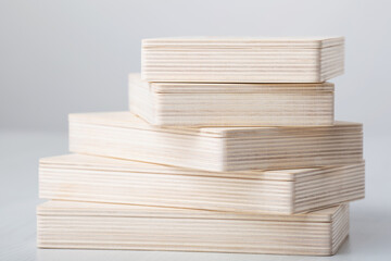 Wooden photo box for photo storage on wooden white background. Stack of boxes on white. set for the...