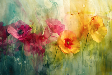 Fototapeta na wymiar Painterly texture abstract background using bold bright brushstrokes with a colorful flowers.