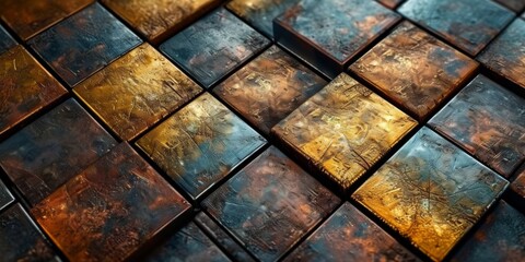 Abstract background made of copper metal 3d cubes, banner