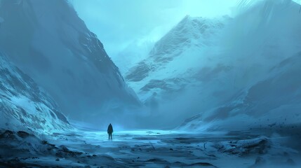 Solitude personified amidst majestic mountains in serene blue tones. - obrazy, fototapety, plakaty