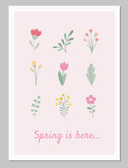 Cute card or poster for the spring holiday with flowers. Flat cartoon vector illustration.