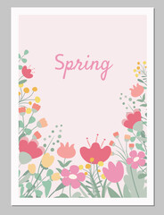 Cute card or poster for the spring holiday with flowers. Flat cartoon vector illustration.