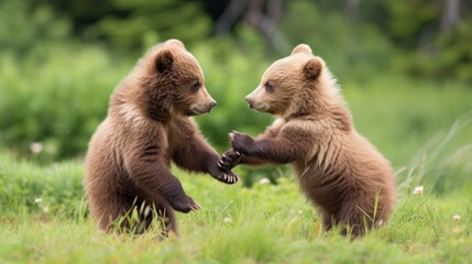 a couple of brown bears standing next to each other on top of a grass covered field with trees in the background.