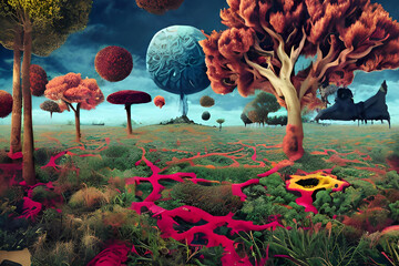 A surreal world, fictional planet, modern art, digital artwork