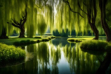 A tranquil pond surrounded by weeping willow trees, their branches gently touching the water.