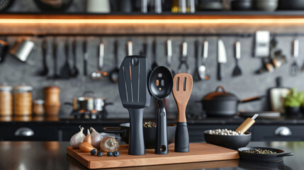 A captivating mockup featuring a premium cooking utensil set showcased in a professional chef's kitchen. Highlighting the sleek design and unrivaled quality of the utensils, this image epito