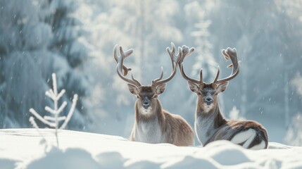 two deer standing next to each other on top of a snow covered ground in front of a forest filled with trees.