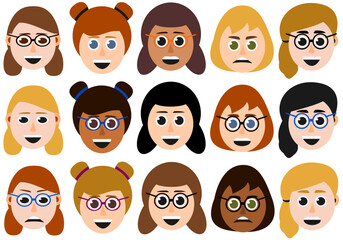 Happy, angry, excited vector female character faces with different hair styles. 