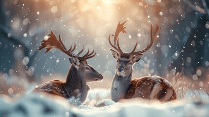 a couple of deer standing next to each other on top of a snow covered ground in front of a forest.