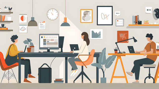 Remote working and networking center graphic of people in shared office space