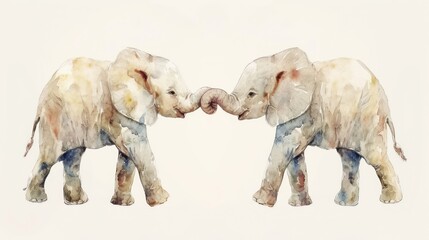 a couple of elephants standing next to each other in front of a white wall with a painting of two elephants touching their trunks.