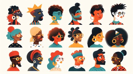 A vibrant collection of diverse avatars showcasing people from various backgrounds, ethnicities, and walks of life. Each avatar is filled with unique colors and features, representing the be