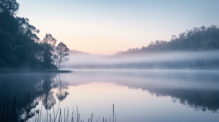 Serene lake at sunrise, mist swirling above mirrored waters, bathed in ethereal golden light.