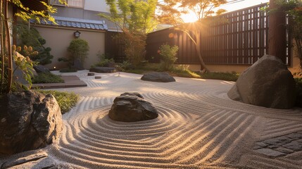 A serene Zen oasis featuring a meticulously raked sand garden and polished stones, bathed in gentle, diffused lighting to accentuate tranquility and elegance. - obrazy, fototapety, plakaty