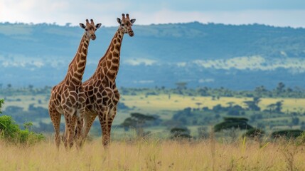 Fototapeta premium two giraffes standing next to each other in a field of tall grass with mountains in the background.