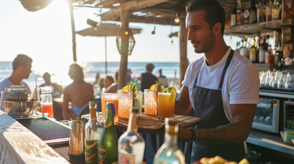A skilled waiter effortlessly balances a tray of colorful, refreshing drinks while serving customers at a bustling beachside bar, adding to the vibrant atmosphere of summer relaxation. - obrazy, fototapety, plakaty