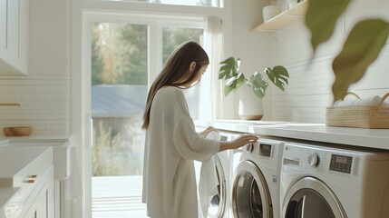 Bright, vibrant woman effortlessly handles laundry in a sleek, modern home. Embrace simplicity and efficiency with this stunning stock image.