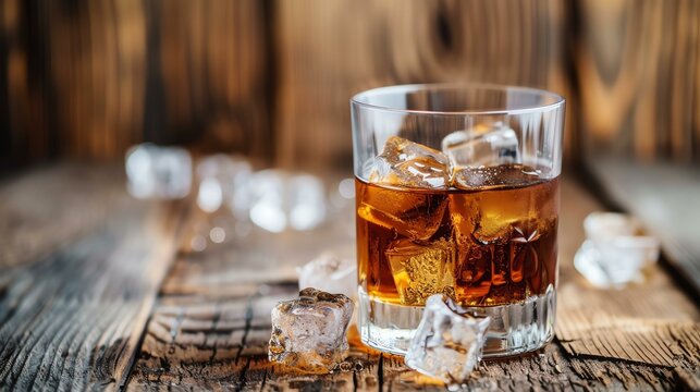 A captivating image of a whiskey glass adorned with ice showcased on a charming rustic wooden table. The perfect visual representation of relaxation and elegance.