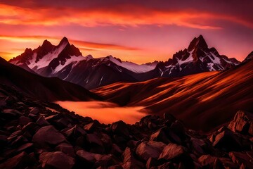 The dramatic silhouette of jagged mountain peaks against a fiery orange and pink sunset. - obrazy, fototapety, plakaty