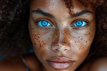 Close-up face of young beautiful girl teenager over dark background. Blue eyes and thick eyebrows. Young adult Nordic woman, Scandinavian model with curly hair. Skin care, natural beauty